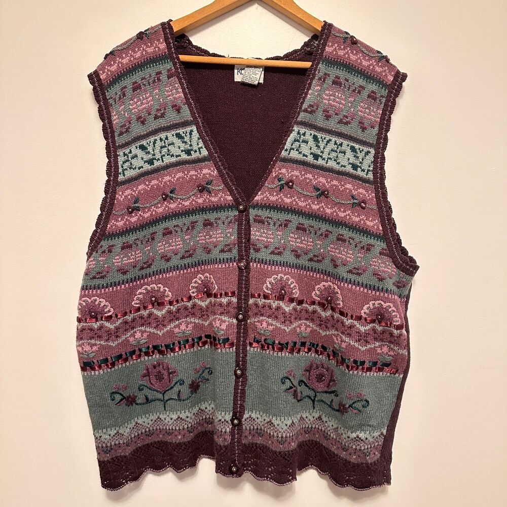 Vintage Koret Purple Hand Embroidered Beaded Sweater Vest Womens 1X GrandmaCore
